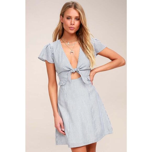 Lulu’s Seaport Blue and White Striped Tie-Front Dress XS - Picture 1 of 11